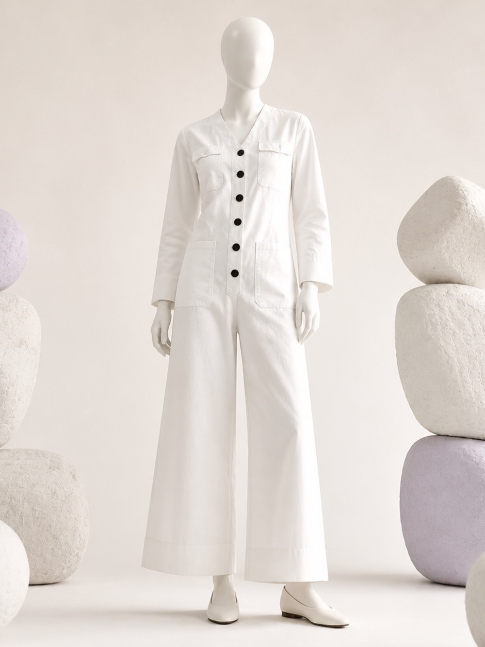 Women's White Long-Sleeve Wide-Leg Relaxed Fit Jumpsuit Size XXL